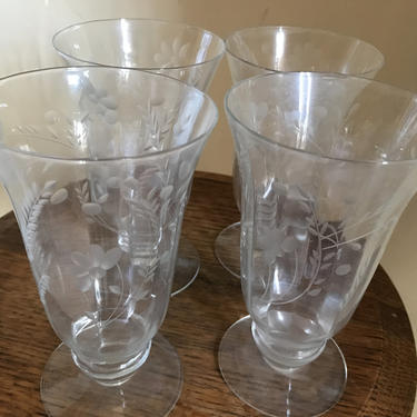 Vintage (4) Etched Optic Floral Design Tall Crystal Pedestal Ice Tea Glasses -Great Condition- 