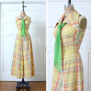 vintage 1970s palazzo wide leg jumpsuit • pastel yellow plaid Toni Todd sleeveless onepiece outfit 