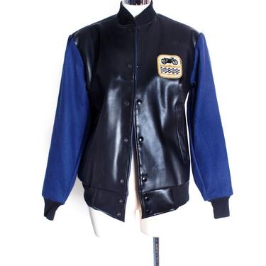 Vintage Harley Davidson Jacket Coat, 1960's, Cafe Racer Style, Blue Wool, Black Faux Leather, Biker Jacket, Baseball Bomber Style 