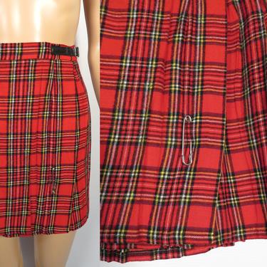 Vintage Xmas Plaid Kilt Wrap Skirt Pleated Mini Skirt Size 24 Waist XXS 