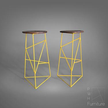 Modern Steel Bar Stools in Yellow Finish with Solid Walnut Seat (Set of 2) 