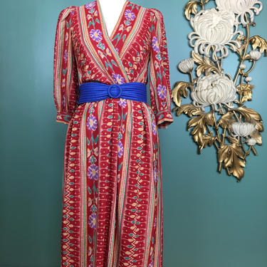 1980s rayon dress, border print dress, vintage 80s dress, puff sleeve dress, medium, Diane Dickinson, wrap style dress, floral striped dress 