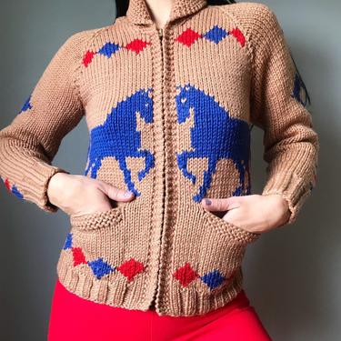 vintage 50s chunky knit wool horse sweater | MARY MAXIM handmade equestrian zip up cardiagn 