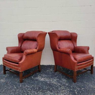 Vintage George III Styled Brandy Leather Antique Brass Nail-Head Trimmed Wingback Lounge Chairs
