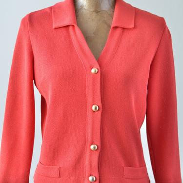60s Vintage Red Knit Cardigan by KIMBERLY Cropped Collared Sweater Gold Buttons 100% Dacron Polyester Holiday Red Cardigan Designer Cardigan 