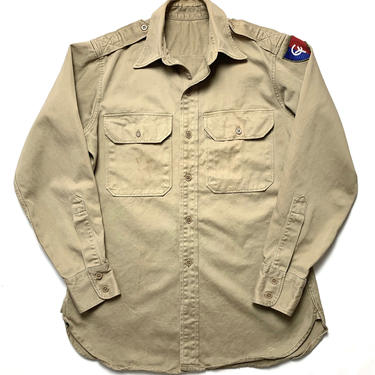 Vintage 1940s/1950s US ARMY Cotton Twill Field Shirt ~ size S ~ Military Uniform ~ 38th Infantry Patch ~ Post WWII ~ Khaki ~ Gussets 