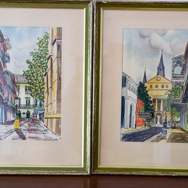 Pair of Vintage New Orleans Streetscape Paintings. Signed 1960s Original Watercolor and Ink. Mid Century Wall Decor. 