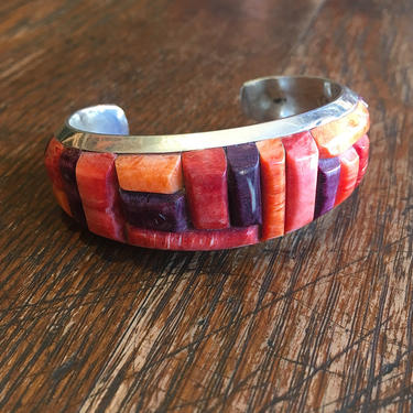 RGB Rickell and Glendora Booqa Orange and Purple Spiny Oyster Silver Cuff | Zuni Inlay Bracelet | Native American Southwestern Boho Jewelry 