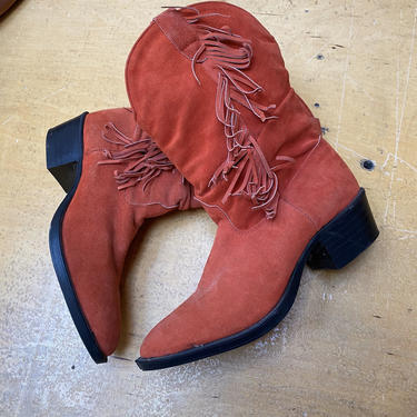 Dusty Red-Orange Suede fringe cowboy boots, femme sz 7 