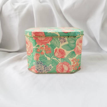 Vintage Floral Hinged Tin Box / Covered Cookie Tin / Metal Box with Painted Flowers / Shabby Chic Home Decor / Small Retro Storage Container 