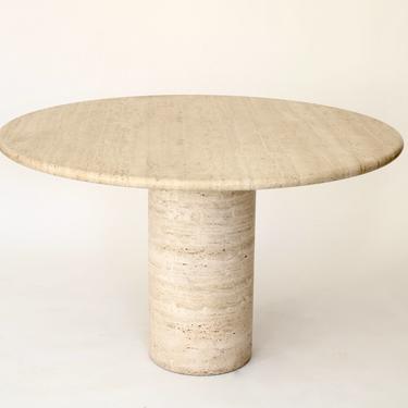 Italian Round Cream Travertine Dining or Center Table on a Round Column Bas
