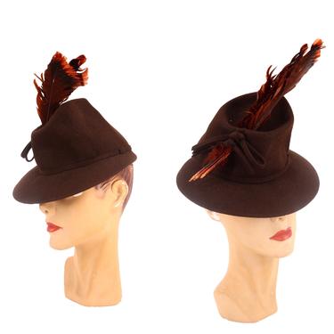40s tilt hat / vintage 1940s NY CREATIONS felt brim hat w/ feather fascinator cocktail 30s fedora 