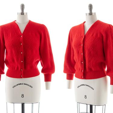 Vintage 1980s Cardigan | 80s Red Wool Angora Cable Knit Bishop Sleeve Cropped Sweater Top (small/medium) 