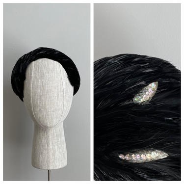 Vintage 60s Black Feather & Rhinestone Fascinator Hat 