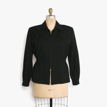 Vintage 40s Black Gabardine Jacket / 1940s Plaid Lined Ski Style Coat 