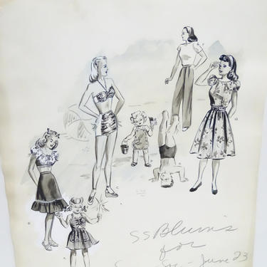 Antique 1940's Original Art, Sylvia Baird Vintage Fashion Advertisement Illustration Design Painting, Vintage Women &amp; Girls in Summer Wear 