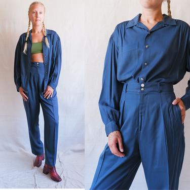 Vintage 80s Navy Blue Two Piece Pant Suit/ 1980s Gabardine Shirt and Trousers/ Size Medium 