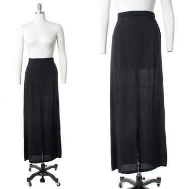 Vintage 1930s Skirt | 30s Black Rayon Crepe Full Length Maxi Skirt with Front Slit (small) 