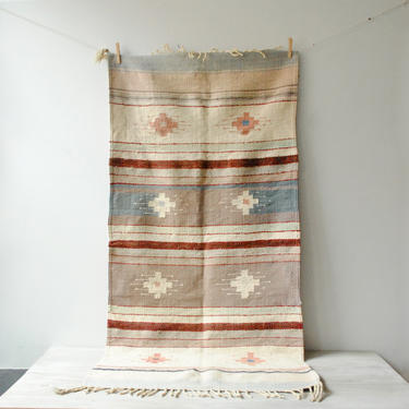 Vintage Boho Throw Rug, Flat Weave Rug, Mexican Rug, Wool Rug, Southwestern Rug, 63&amp;quot; x 29&amp;quot; Rug, Neutral Rug, Small Rug 