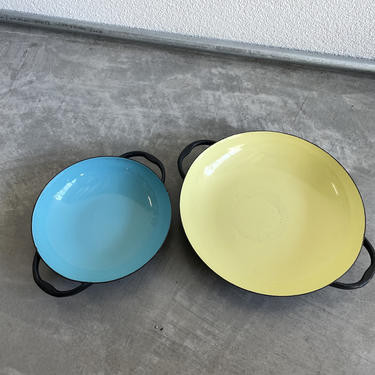 Krenit Danish Yellow and Blue Enamel Pans Double Handles | Sizzling Servers | Vintage Cooking | Enamelware | Vintage Serving | MCM 