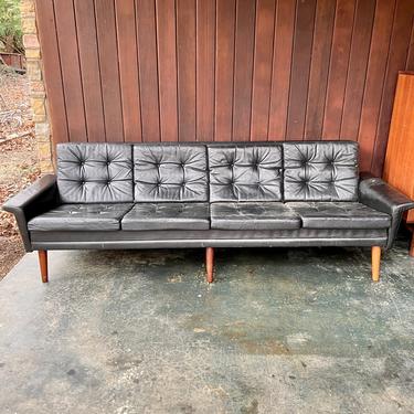 1950s Danish Black Leather + Rosewood Long Sofa Vintage Mid-Century Modern 