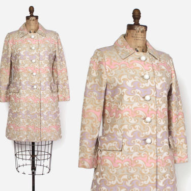 Vintage 60s Pastel Swirl Silk Jacket / 1960s Classic Woven Silk Bobble Button Spring Coat 