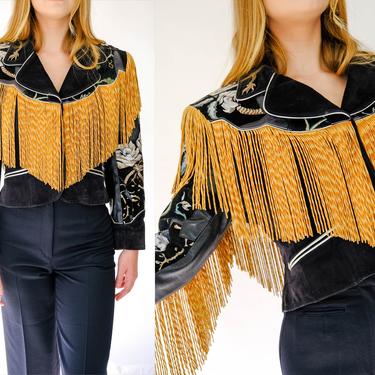 Vintage 80s Custom Western Black Suede & Snakeskin, Hand Painted, Chainstiched Cropped Jacket w/ Rope Suede Fringe | 1980s Nashville Bolero 