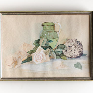 Vintage Original Framed Watercolor Painting Artwork Champagne Roses On the Table w/ Green Glass Vase Wall Decor Hanging - MidCentury 
