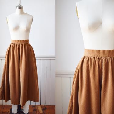 Vintage Classic Corduroy Midi Skirt | XS | 1980s Warm Copper Brown Fine Wale Skirt with Full Sweep, High Waist, Pockets 