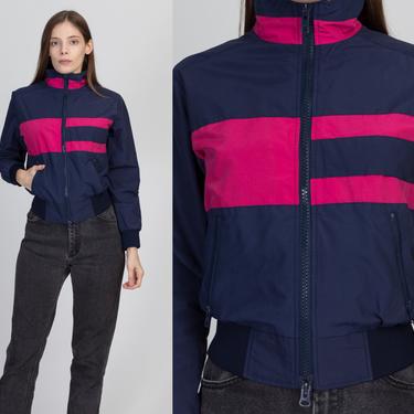 80s Color Block Cropped Windbreaker - Extra Small | Vintage Navy Blue Pink Striped Zip Up Lightweight Ski Jacket 