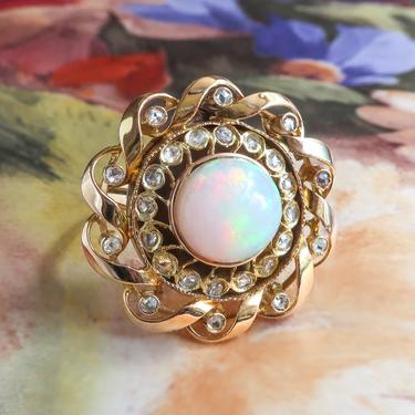 Vintage Opal Diamond Ring Circa 1940's Antique Style 2.66ct t.w. Rose Cut Diamond Halo Ring 18k Yellow Gold 