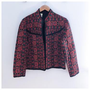 Vintage 70s Red Paisley Quilted Cropped Jacket Medium 