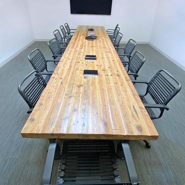 Reclaimed Wood Meeting Conference Table with 2.5&amp;quot; thick top and steel legs,  choice of leg style, size and finish.  Power hubs available. 