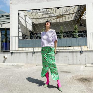 BERNADETTE Green &amp; Pink Floral Satin Midi Skirt