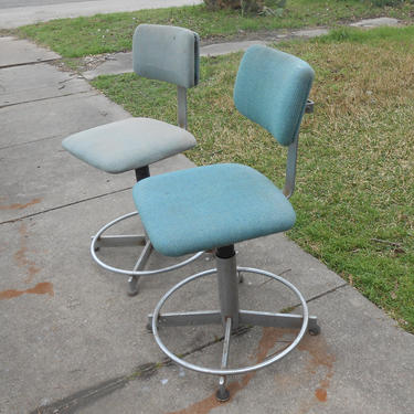 Vintage Pair of Industrial Metal Upholstered Stool Chairs Western Electric 1970s Telephone Operators Modern Adjustable  Chairs 