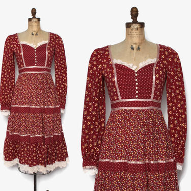 Vintage 70s Gunne Sax Midi Dress / 1970s Burgundy Calico Carved Rose Button Prairie Dress by luckyvintageseattle