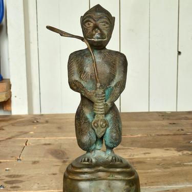 Bronze Monkey Sculpture Holding Snake or Serpent - Weird - Strange - Home Decor 