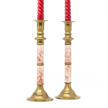 Pair of Vintage Brass and Pink Candlestick Holders, Set of Two Taper Candle Holders by GreenSpruceDesigns