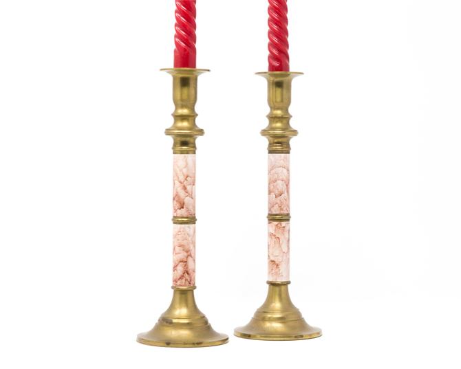 Pair of Vintage Brass and Pink Candlestick Holders, Set of Two Taper Candle Holders 