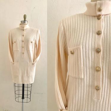 vintage 80's cream ribbed sweater dress with gold lion buttons 