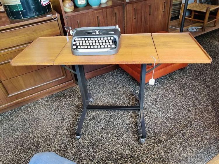 Vintage wooden typing table. 15" x 22(closed) 42" opens 30". $95 Vintage Royal Ensign typewriter. 