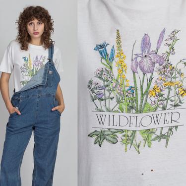 Vintage Wildflower T Shirt - Medium | 90s White Faded Distressed Graphic Flower Tee 