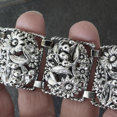 Wide Silver Tone Flower Bracelet 
