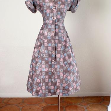 1950's Pink &amp; Gray Print Vintage Dress, Designer Day Dress, Full Skirt, Mid Century, Party Dress, I Love Lucy Style, Rockabilly 