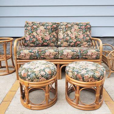 FREE SHIPPING! Vintage Rattan 10pc Patio Furniture Set | Boho Dining Set with Table, 4 Chairs, Loveseat, Ottoman, Plant Stand, Magazine Rack 