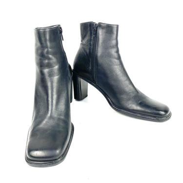 Vintage Nine West 90's Block Heel Black Leather Ankle Boots, Size 8, Square Toe, Inside Zipper, 3 inch Heel, 80s Fashion 