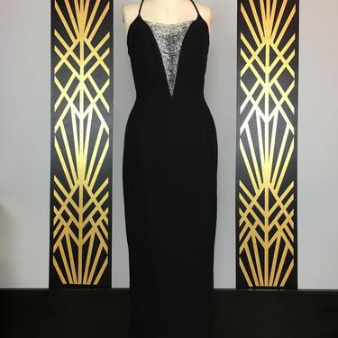 1990s formal gown, vintage evening dress, Nina Austin, size medium, beaded dress, criss cross, plunging, sleeveless black sheath, backless 