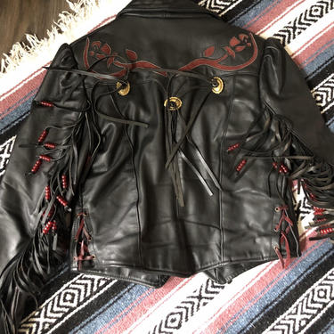 Vintage Women's Black Leather Fringed Jacket 
