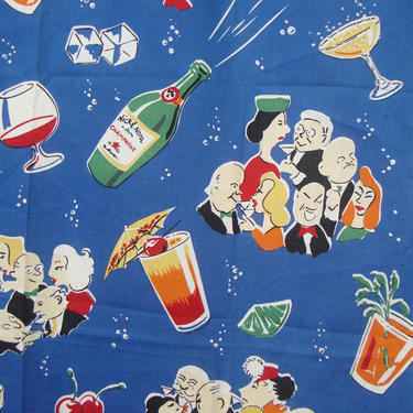 Vintage Midcentury Fabric Cocktail Party Mixer Novelty Print 3/4 Yd 