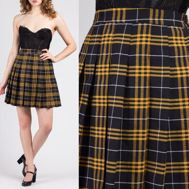 70s 80s Plaid Mini Skirt - Extra Small | Vintage Black Yellow High Waist Schoolgirl Pleated Miniskirt 